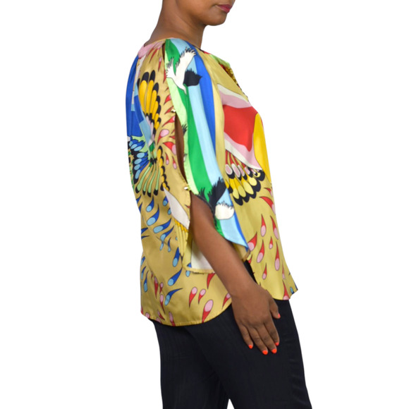TIBI Silk Print Tunic Yellow Colorful Peacock Jeweled Studs Blue Cutouts Birds 6 - Picture 3 of 16